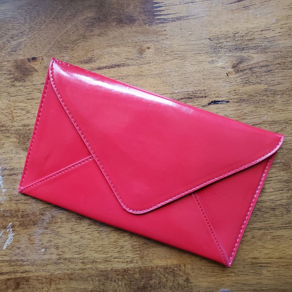 Vintage Clarins Red Envelope Clutch Purse Cosmetic Bag, faux patent leather